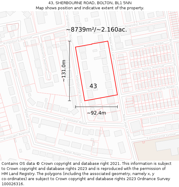 43, SHERBOURNE ROAD, BOLTON, BL1 5NN: Plot and title map
