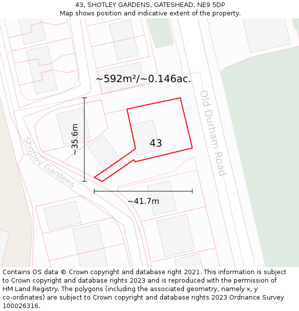 43, SHOTLEY GARDENS, GATESHEAD, NE9 5DP: Plot and title map