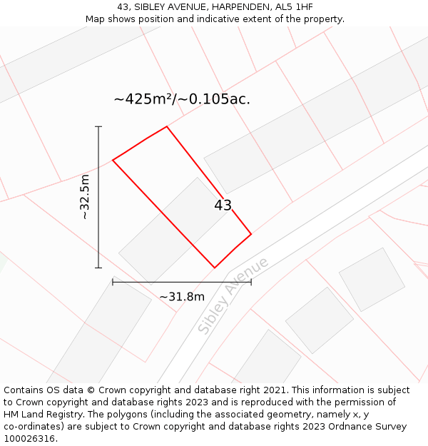 43, SIBLEY AVENUE, HARPENDEN, AL5 1HF: Plot and title map