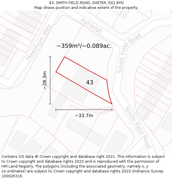 43, SMITH FIELD ROAD, EXETER, EX2 8YN: Plot and title map