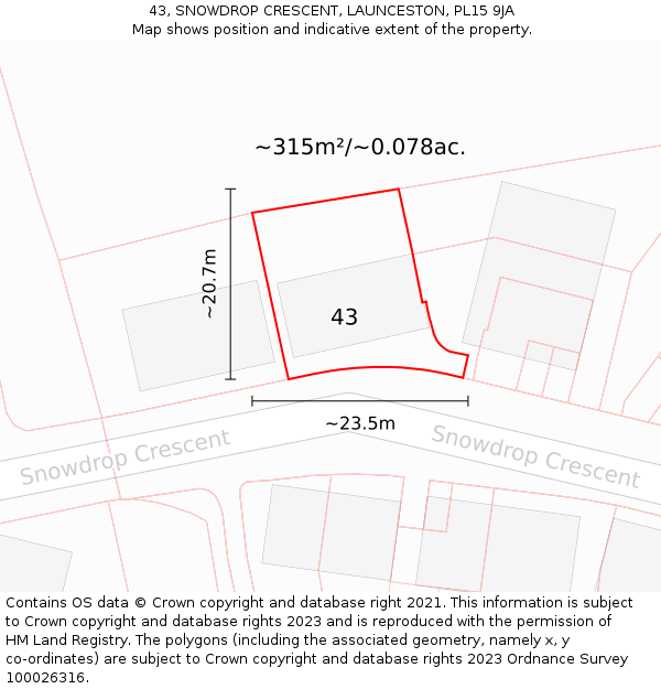 43, SNOWDROP CRESCENT, LAUNCESTON, PL15 9JA: Plot and title map