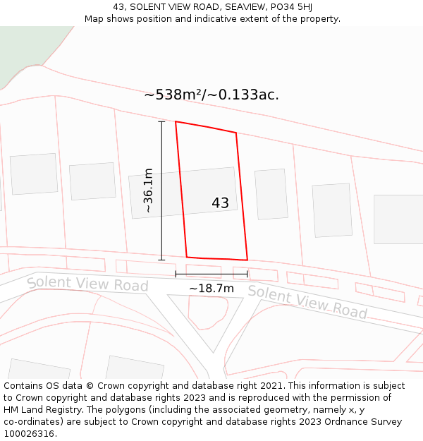 43, SOLENT VIEW ROAD, SEAVIEW, PO34 5HJ: Plot and title map