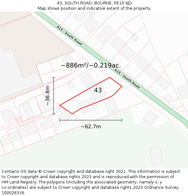 43, SOUTH ROAD, BOURNE, PE10 9JD: Plot and title map