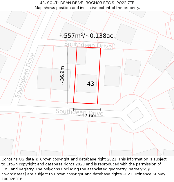 43, SOUTHDEAN DRIVE, BOGNOR REGIS, PO22 7TB: Plot and title map