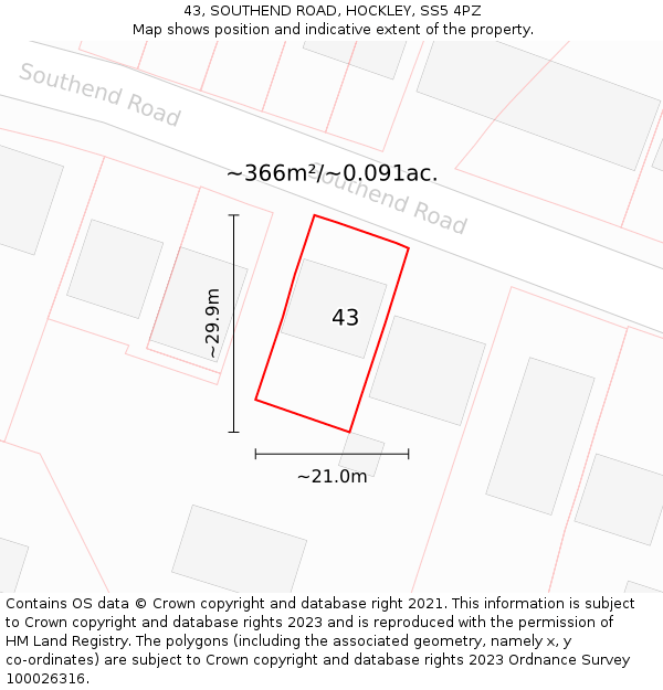 43, SOUTHEND ROAD, HOCKLEY, SS5 4PZ: Plot and title map