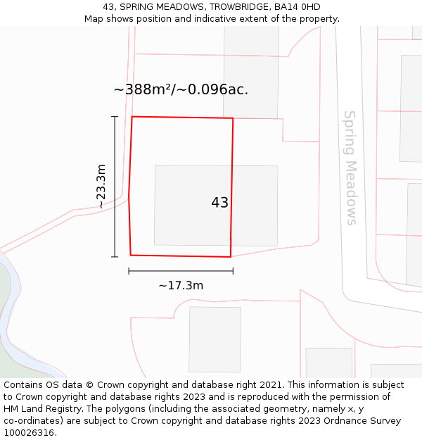 43, SPRING MEADOWS, TROWBRIDGE, BA14 0HD: Plot and title map