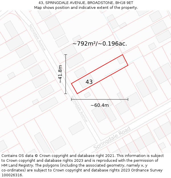 43, SPRINGDALE AVENUE, BROADSTONE, BH18 9ET: Plot and title map