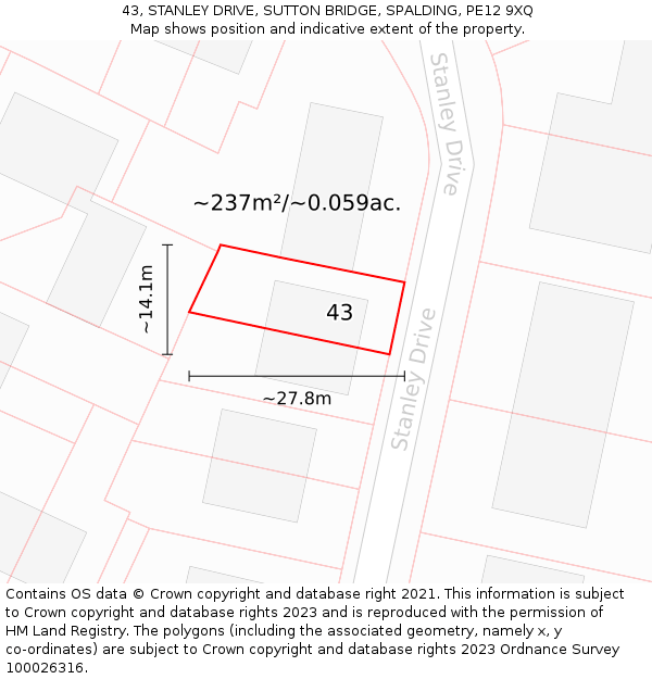 43, STANLEY DRIVE, SUTTON BRIDGE, SPALDING, PE12 9XQ: Plot and title map