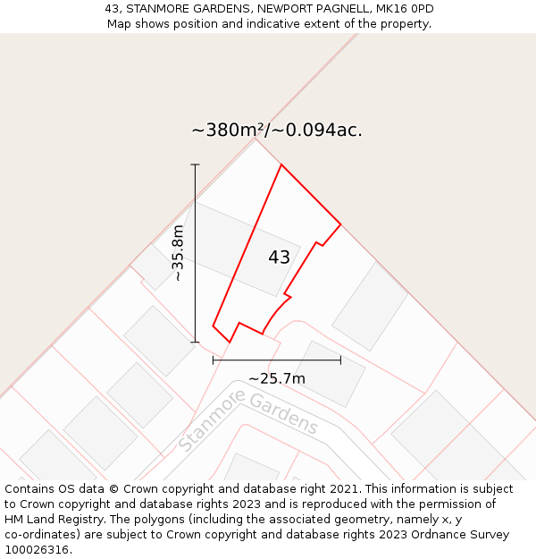 43, STANMORE GARDENS, NEWPORT PAGNELL, MK16 0PD: Plot and title map