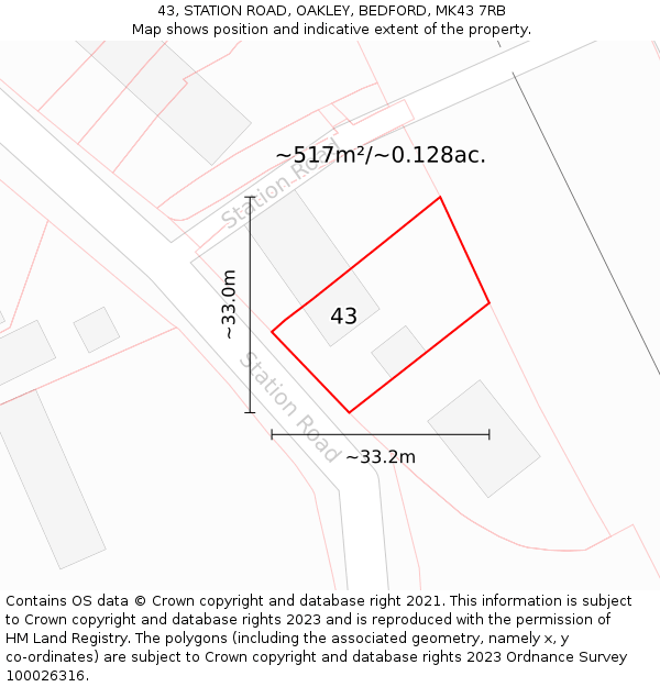 43, STATION ROAD, OAKLEY, BEDFORD, MK43 7RB: Plot and title map