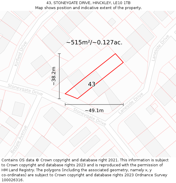 43, STONEYGATE DRIVE, HINCKLEY, LE10 1TB: Plot and title map