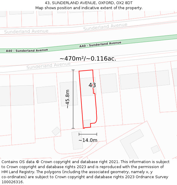43, SUNDERLAND AVENUE, OXFORD, OX2 8DT: Plot and title map
