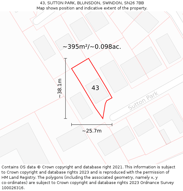 43, SUTTON PARK, BLUNSDON, SWINDON, SN26 7BB: Plot and title map