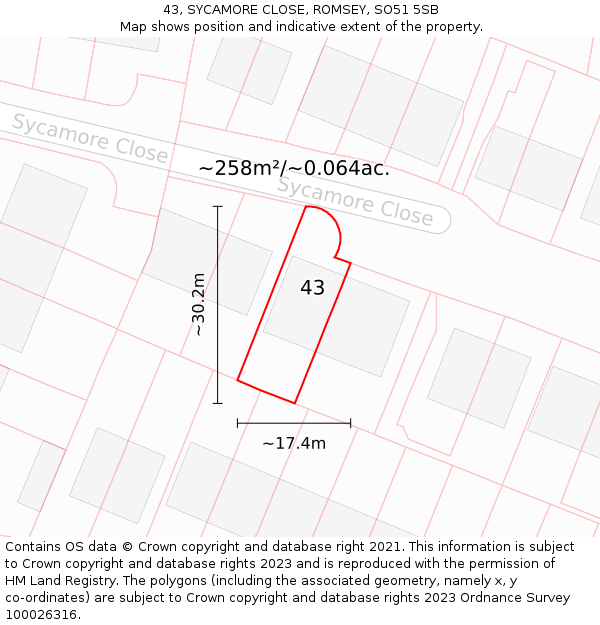 43, SYCAMORE CLOSE, ROMSEY, SO51 5SB: Plot and title map