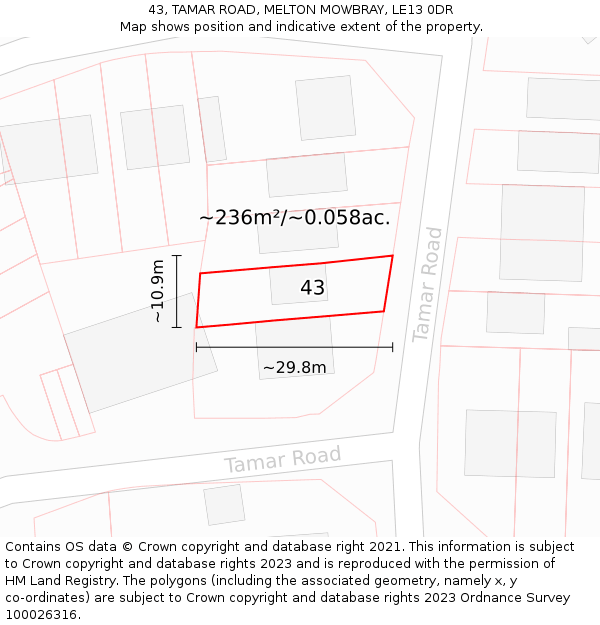 43, TAMAR ROAD, MELTON MOWBRAY, LE13 0DR: Plot and title map