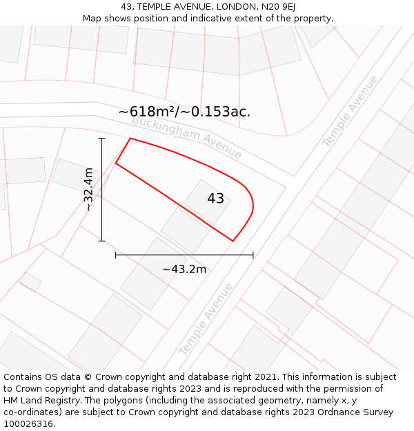 43, TEMPLE AVENUE, LONDON, N20 9EJ: Plot and title map