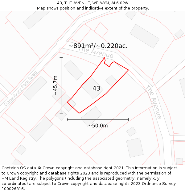 43, THE AVENUE, WELWYN, AL6 0PW: Plot and title map