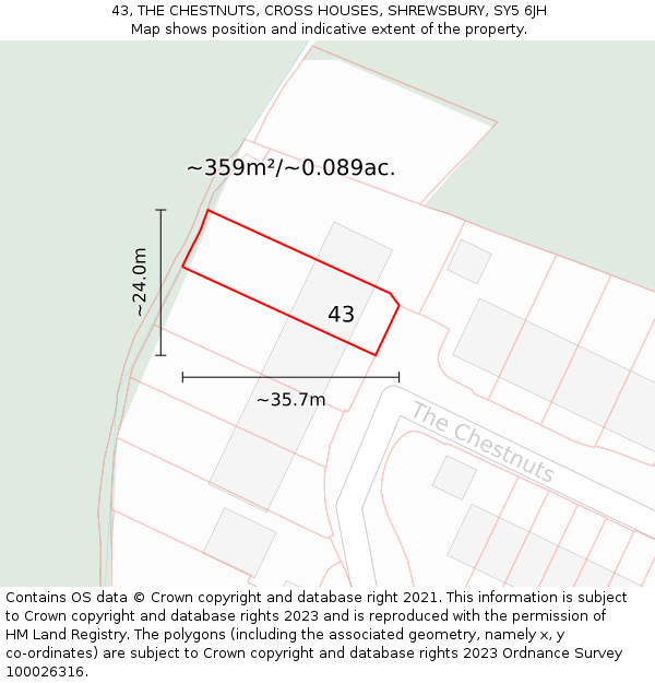 43, THE CHESTNUTS, CROSS HOUSES, SHREWSBURY, SY5 6JH: Plot and title map