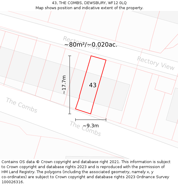 43, THE COMBS, DEWSBURY, WF12 0LQ: Plot and title map