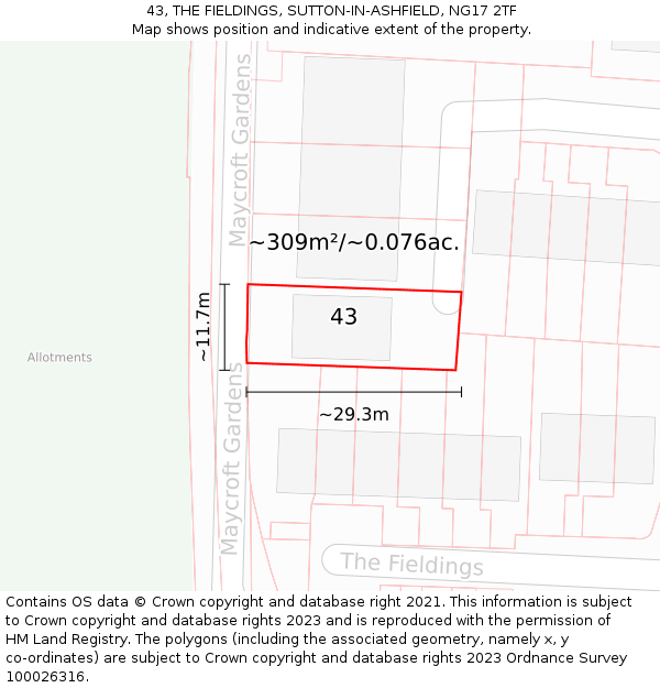 43, THE FIELDINGS, SUTTON-IN-ASHFIELD, NG17 2TF: Plot and title map