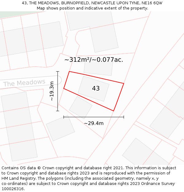 43, THE MEADOWS, BURNOPFIELD, NEWCASTLE UPON TYNE, NE16 6QW: Plot and title map