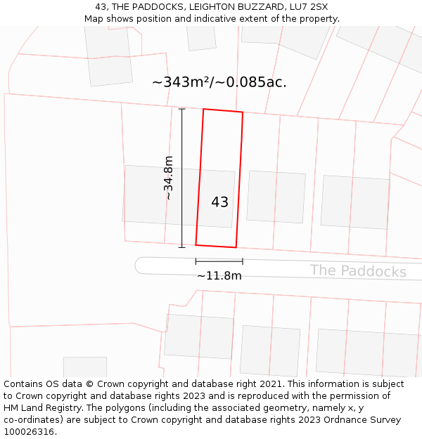 43, THE PADDOCKS, LEIGHTON BUZZARD, LU7 2SX: Plot and title map