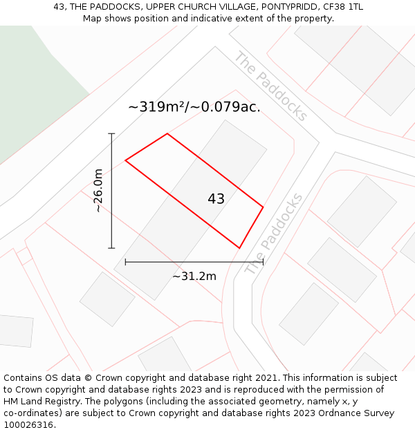 43, THE PADDOCKS, UPPER CHURCH VILLAGE, PONTYPRIDD, CF38 1TL: Plot and title map