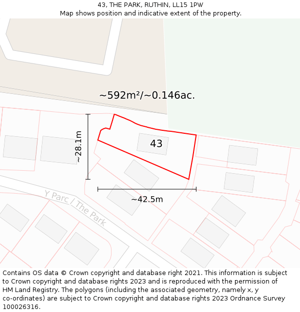 43, THE PARK, RUTHIN, LL15 1PW: Plot and title map