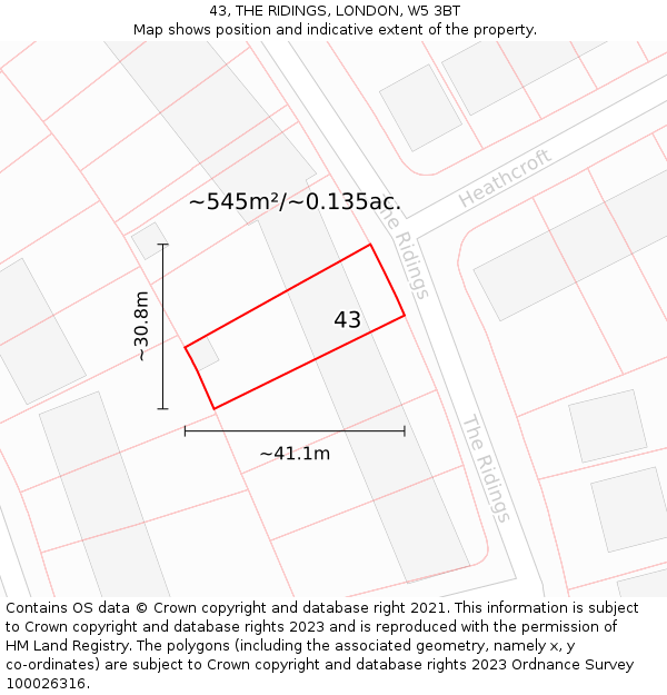 43, THE RIDINGS, LONDON, W5 3BT: Plot and title map