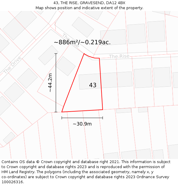 43, THE RISE, GRAVESEND, DA12 4BX: Plot and title map