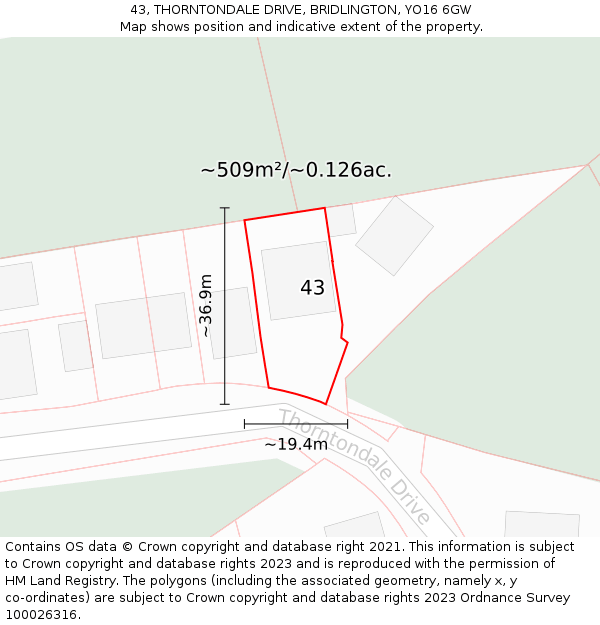 43, THORNTONDALE DRIVE, BRIDLINGTON, YO16 6GW: Plot and title map