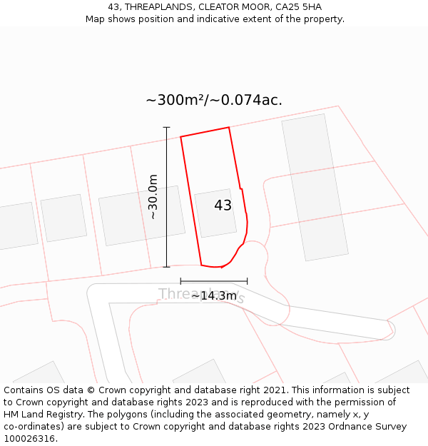 43, THREAPLANDS, CLEATOR MOOR, CA25 5HA: Plot and title map