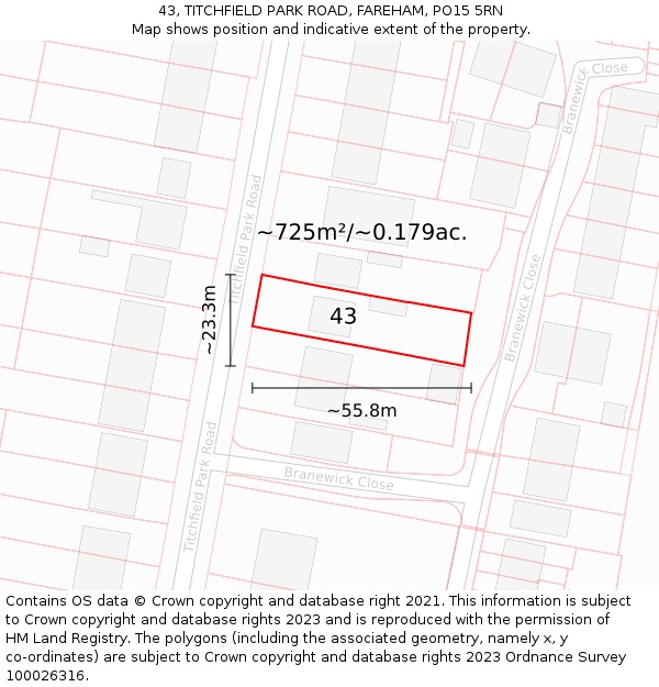 43, TITCHFIELD PARK ROAD, FAREHAM, PO15 5RN: Plot and title map