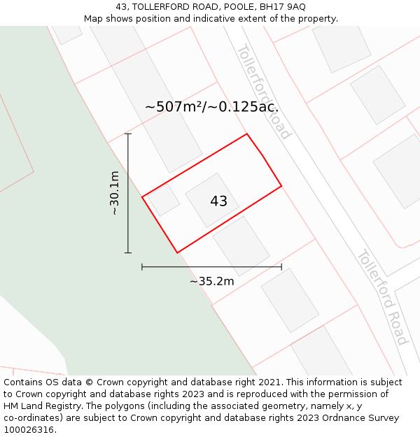 43, TOLLERFORD ROAD, POOLE, BH17 9AQ: Plot and title map