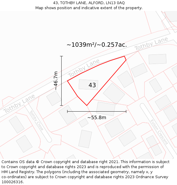 43, TOTHBY LANE, ALFORD, LN13 0AQ: Plot and title map