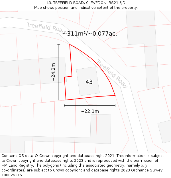 43, TREEFIELD ROAD, CLEVEDON, BS21 6JD: Plot and title map