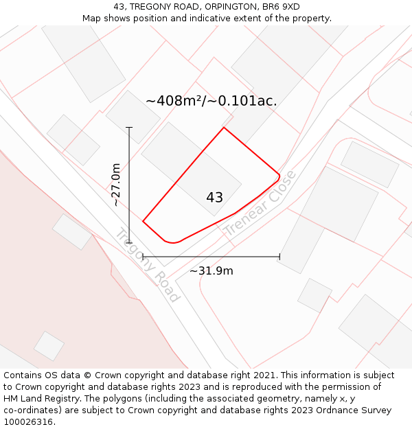 43, TREGONY ROAD, ORPINGTON, BR6 9XD: Plot and title map