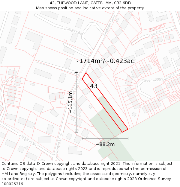 43, TUPWOOD LANE, CATERHAM, CR3 6DB: Plot and title map