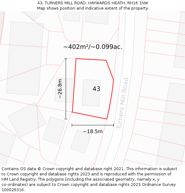 43, TURNERS MILL ROAD, HAYWARDS HEATH, RH16 1NW: Plot and title map