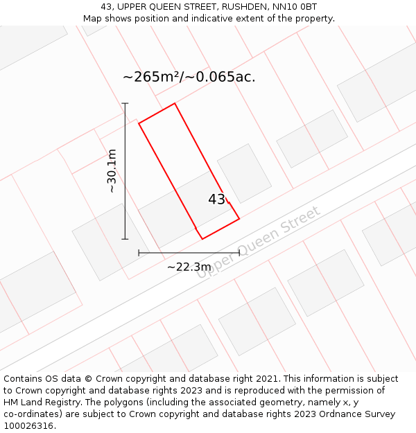 43, UPPER QUEEN STREET, RUSHDEN, NN10 0BT: Plot and title map