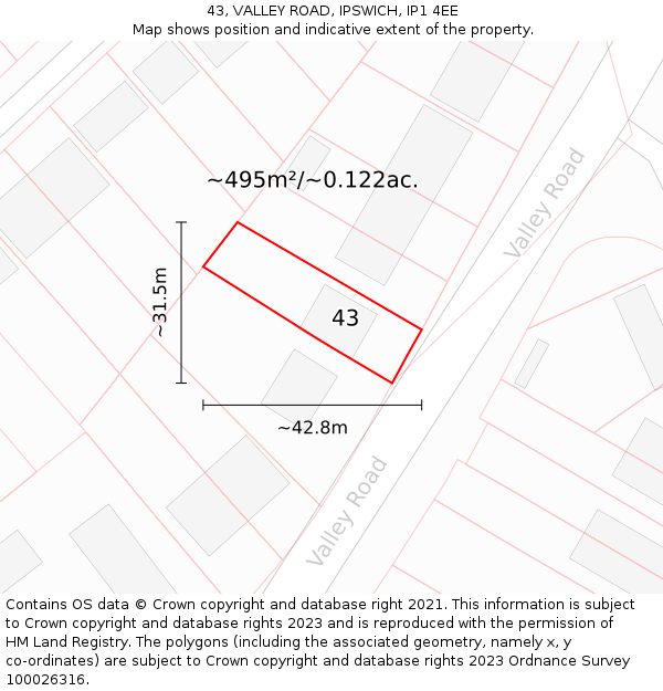 43, VALLEY ROAD, IPSWICH, IP1 4EE: Plot and title map