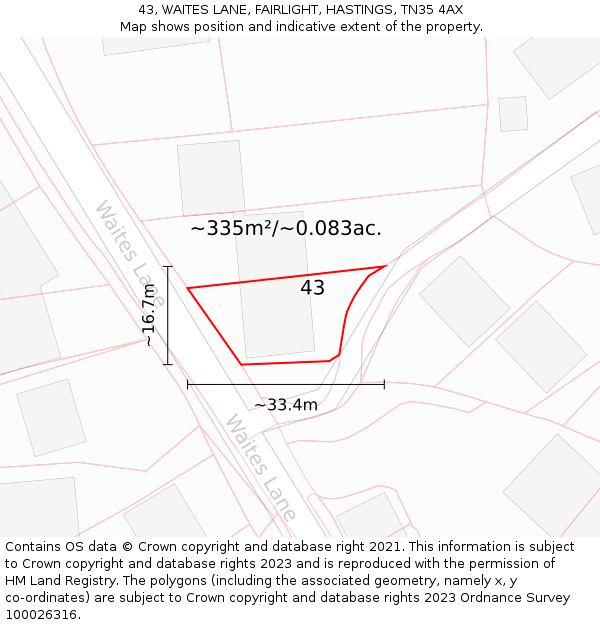 43, WAITES LANE, FAIRLIGHT, HASTINGS, TN35 4AX: Plot and title map