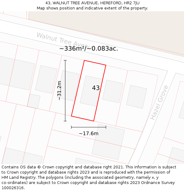 43, WALNUT TREE AVENUE, HEREFORD, HR2 7JU: Plot and title map