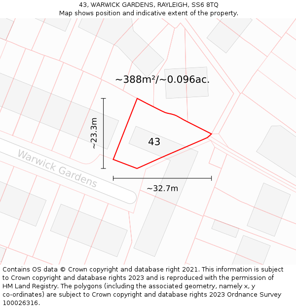 43, WARWICK GARDENS, RAYLEIGH, SS6 8TQ: Plot and title map