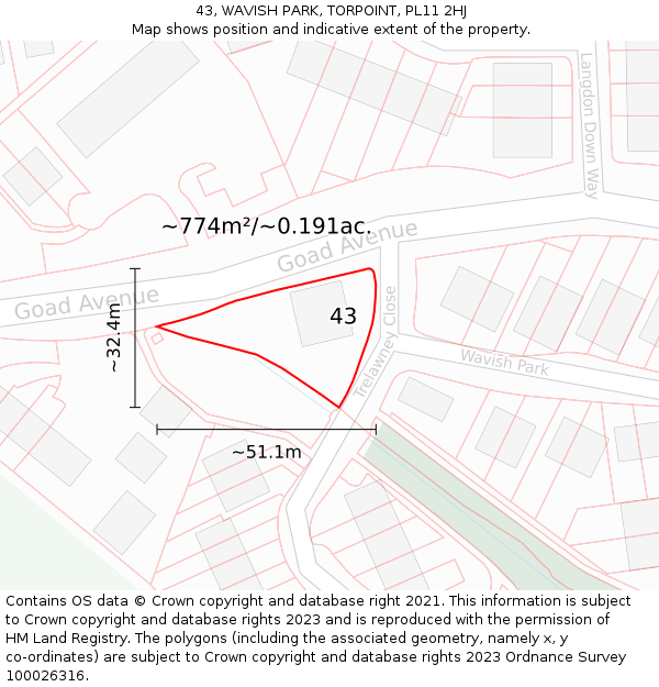 43, WAVISH PARK, TORPOINT, PL11 2HJ: Plot and title map