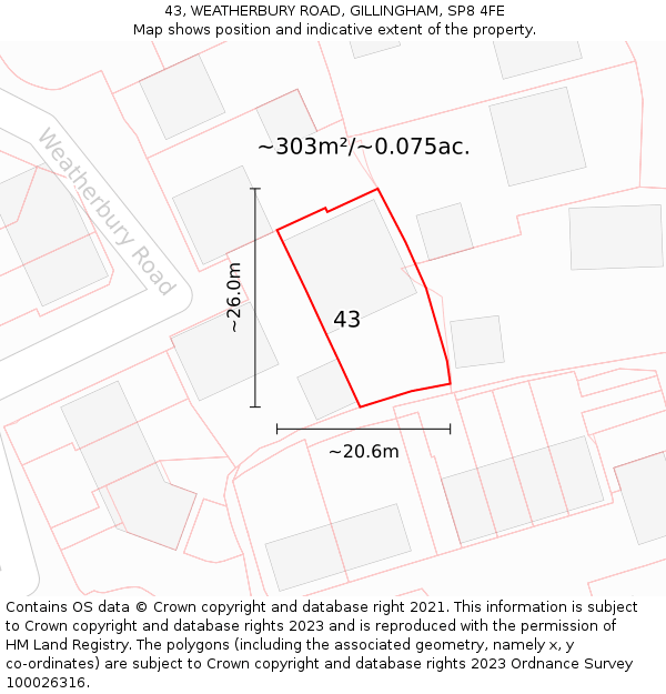43, WEATHERBURY ROAD, GILLINGHAM, SP8 4FE: Plot and title map