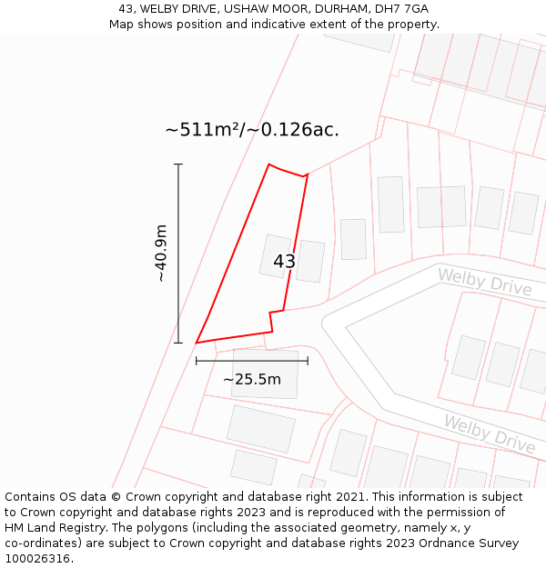 43, WELBY DRIVE, USHAW MOOR, DURHAM, DH7 7GA: Plot and title map