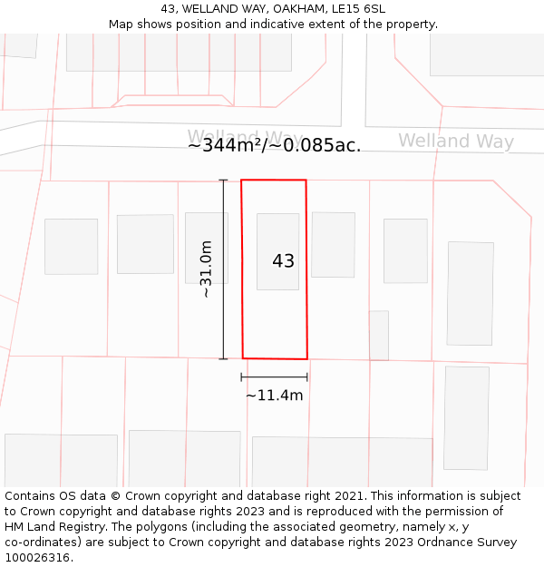 43, WELLAND WAY, OAKHAM, LE15 6SL: Plot and title map