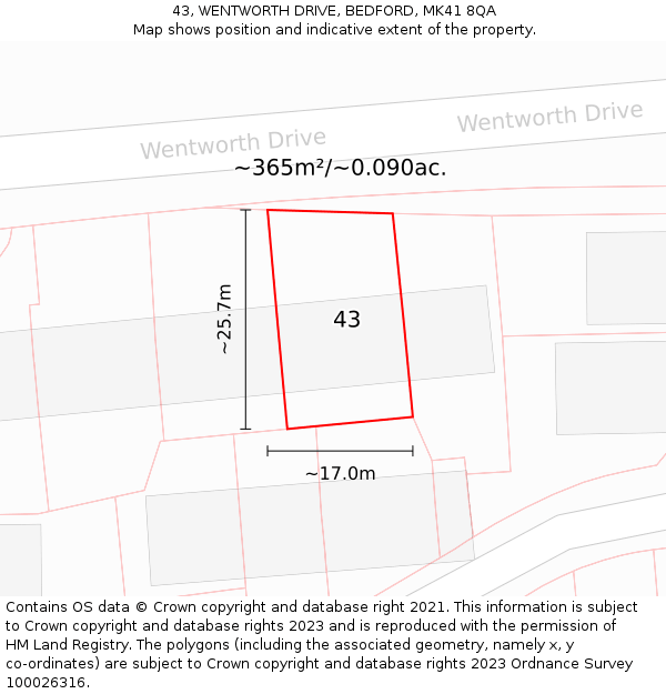 43, WENTWORTH DRIVE, BEDFORD, MK41 8QA: Plot and title map