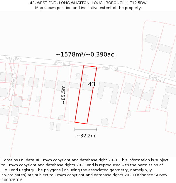 43, WEST END, LONG WHATTON, LOUGHBOROUGH, LE12 5DW: Plot and title map